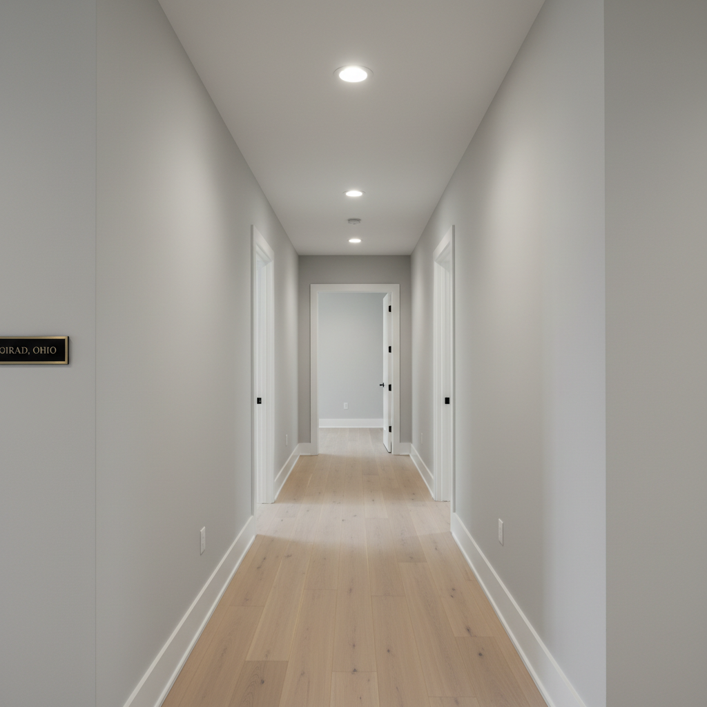 A clean, modern hallway in a completed home, showcasing flawless drywall work with long, straight walls, smooth ceilings, and perfectly aligned recessed ceiling openings. Soft, warm artificial lighting from ceiling fixtures creates gentle, even illumination, revealing the uniform surface and crisp transitions at doorways and corners. The neutral, light-gray wall color emphasizes the quality of the finish, while light hardwood flooring runs the length of the corridor. Photographic realism with a centered, linear perspective drawing the eye down the hallway. The mood is polished and professional, ideal for a construction company highlighting finished interior drywall spaces in Girard, Ohio.