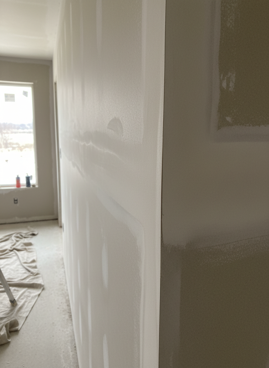 A close-up photographic view of a corner section of interior drywall, focusing on the precision of the finishing work. The image highlights a perfectly smooth joint where two sheets meet, with feathered joint compound seamlessly blending into the surrounding surface. Subtle texture from a fine sanding pattern is visible when lit by soft, angled natural light from a nearby window. The background gently falls out of focus, suggesting a larger room under renovation. Captured at a slight diagonal angle with shallow depth of field, the mood is meticulous and detail-oriented, emphasizing the quality and care of professional drywall finishing.