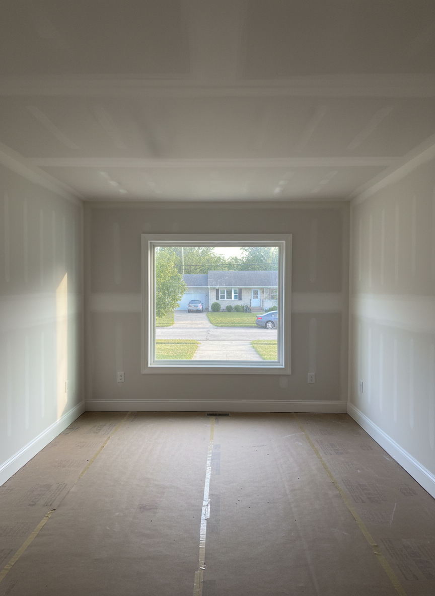 A freshly finished residential living room showcasing impeccable drywall work, with smooth, flawless walls and a perfectly even ceiling in soft off-white primer. Clean white baseboards and window casings frame the space, while a large front window suggests a quiet Girard, Ohio neighborhood outside, softly blurred. Natural afternoon light streams in, revealing subtle shadows that emphasize the straight corners and crisp lines of the drywall. Photographic realism from an eye-level perspective, wide-angle composition capturing the whole room with sharp focus throughout. The mood is professional and reassuring, communicating quality craftsmanship and readiness for paint in a modern, well-kept home interior.