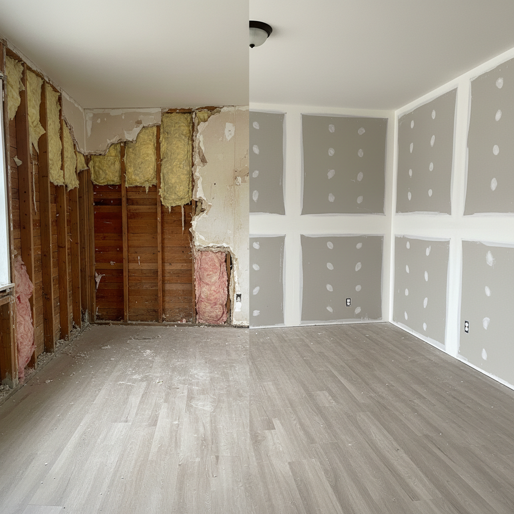 A split-scene interior showing a before-and-after drywall project in the same Girard, Ohio family room. On the left, exposed wall studs, old insulation, and rough, partially demolished plaster; on the right, pristine new drywall with expertly taped seams, smooth joint compound, and sharpened inside corners. A single continuous floor ties the space together, emphasizing transformation. Neutral, even artificial lighting from ceiling fixtures keeps both sides well lit, with no harsh shadows. Shot from a slightly elevated angle with clear central dividing line, photographic realism, and a clean, documentary feel that highlights the dramatic improvement and professional workmanship.